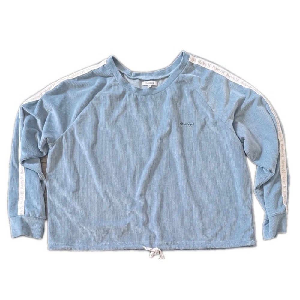 Hurley Women's XL Rib Knit Sweatshirt Oversized Cropped Drawstring Pale Blue